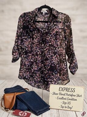 Express Sheer Floral Portofino Shirt - Black with Pink & Purple Flowers